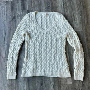Boston Proper Sweater White V Neck Cable Knit Faux Pearl Embellished Size Large